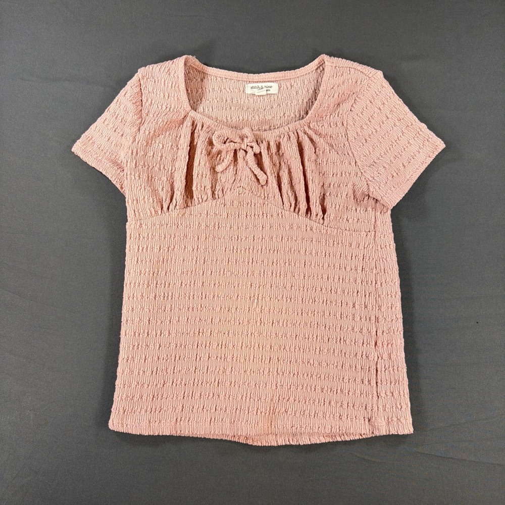 Stitch & Nine light pink, short-sleeve smocked top featuring a square neckline L